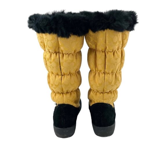 Coach Theona Gold Rabbit Fur Trim Winter Boots Womens 7B Logo Print Poof Zipper - Picture 4 of 10